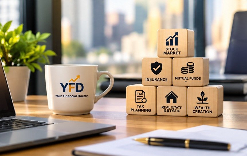 YFD mug with blocks for stock market, insurance, mutual funds, tax planning, real estate and wealth creation